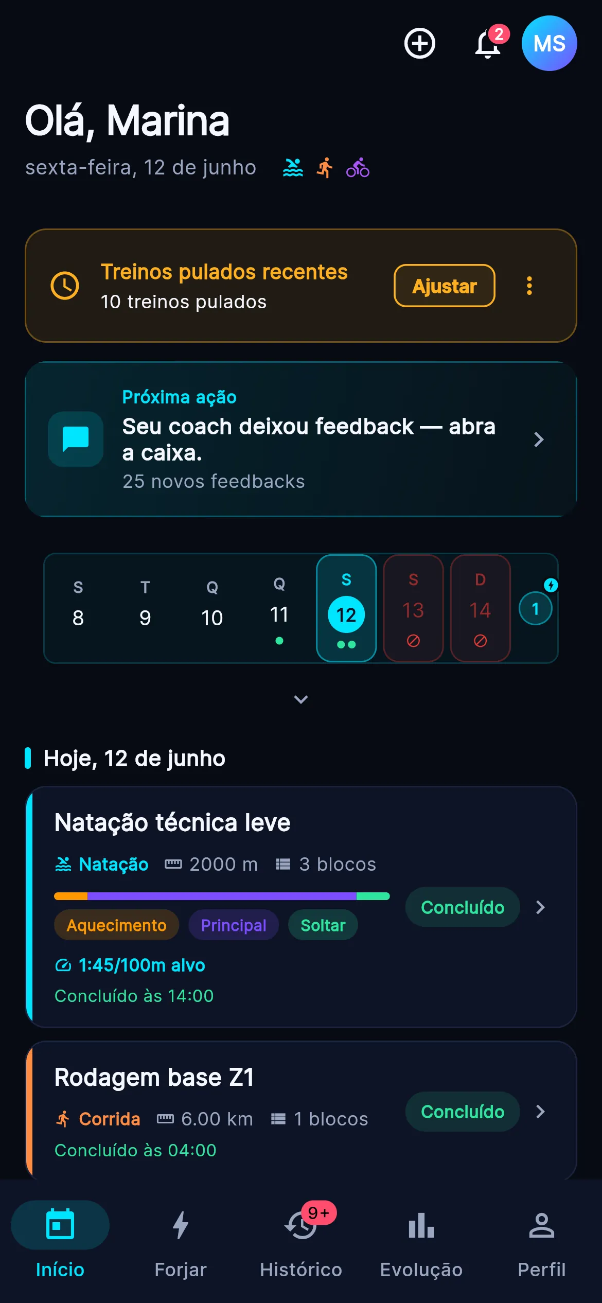 Treino planejado na tela Hoje do Z3
